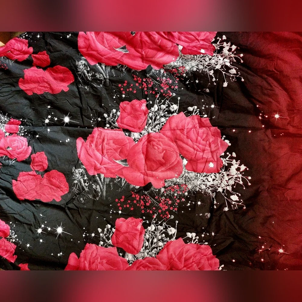 Queen Duvet Cover Set‎ Black Red Roses Floral w/ 2 Pillow Shams Romantic Bedding